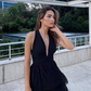 Simple A Line Halter Black Satin Short Homecoming Dress 18th Birthday Outfits C5141