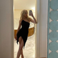 Chic Mermaid One Shoulder Black Satin Slit Short Homecoming Dress 20th Birthday Outfits C5146