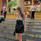 Pretty A Line Spaghetti Straps Satin Sequin Short Homecoming Dress 18th Birthday Outfits C5151