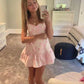 Pretty A Line Spaghetti Straps Printed Satin Short Homecoming Dress 17th Birthday Outfits C5157
