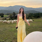 Robe de bal longue jaune en satin à bretelles spaghetti et coupe trapèze C5165