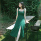 Robe de bal longue fendue en satin vert, coupe trapèze, robe de soirée C5167