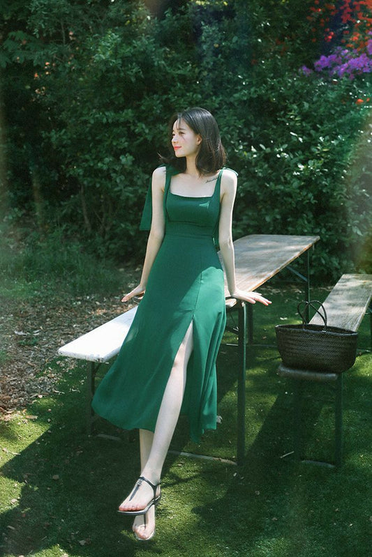 Robe de bal longue fendue en satin vert, coupe trapèze, robe de soirée C5167