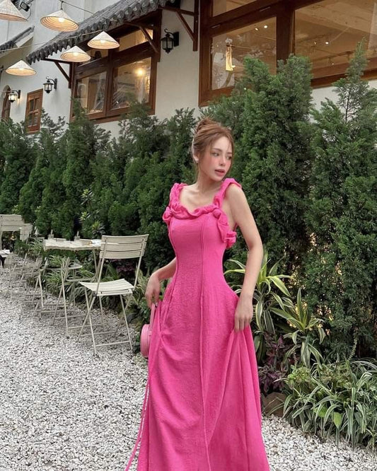 Superbe robe de bal longue en satin rose vif, coupe trapèze, robe de soirée C5169