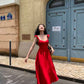 Robe de bal longue en satin rouge à volants et bretelles spaghetti, robe de soirée unique C5170