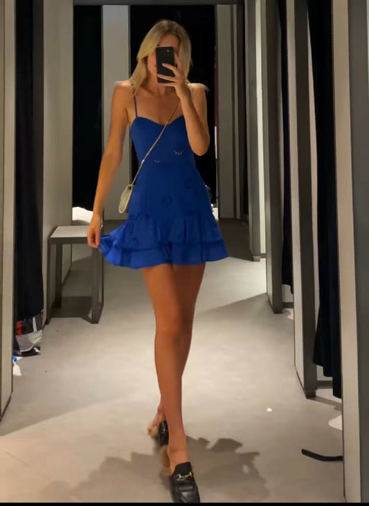 Tight Royal Blue A Line Spaghetti Straps Satin Hollow Short Homecoming Dress 18th Birthday Outfits C5172