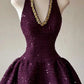 Sparkles A Line Halter Grape Satin Sequin Short Homecoming Dress 21th Birthday Outfits C5190