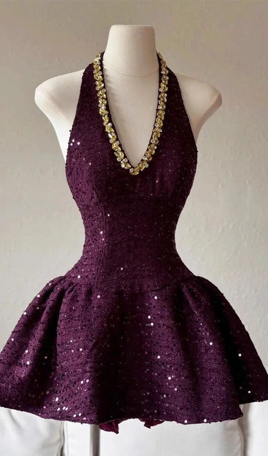 Sparkles A Line Halter Grape Satin Sequin Short Homecoming Dress 21th Birthday Outfits C5190