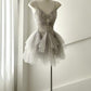 Jolie robe de soirée courte grise à bretelles spaghetti et perles en tulle pour 17e anniversaire C5193
