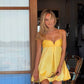 Robe de soirée courte jaune en satin à bretelles spaghetti, coupe trapèze, tenue pour 17e anniversaire, C5195