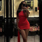 Robe sirène sexy à épaules dénudées et mini-robe courte plissée en satin rouge pour les 20 ans de la maison C5199