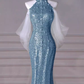 Robes de bal bleues sexy sirène à paillettes C51