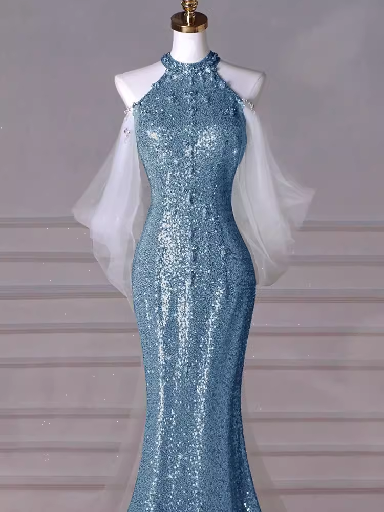Robes de bal bleues sexy sirène à paillettes C51