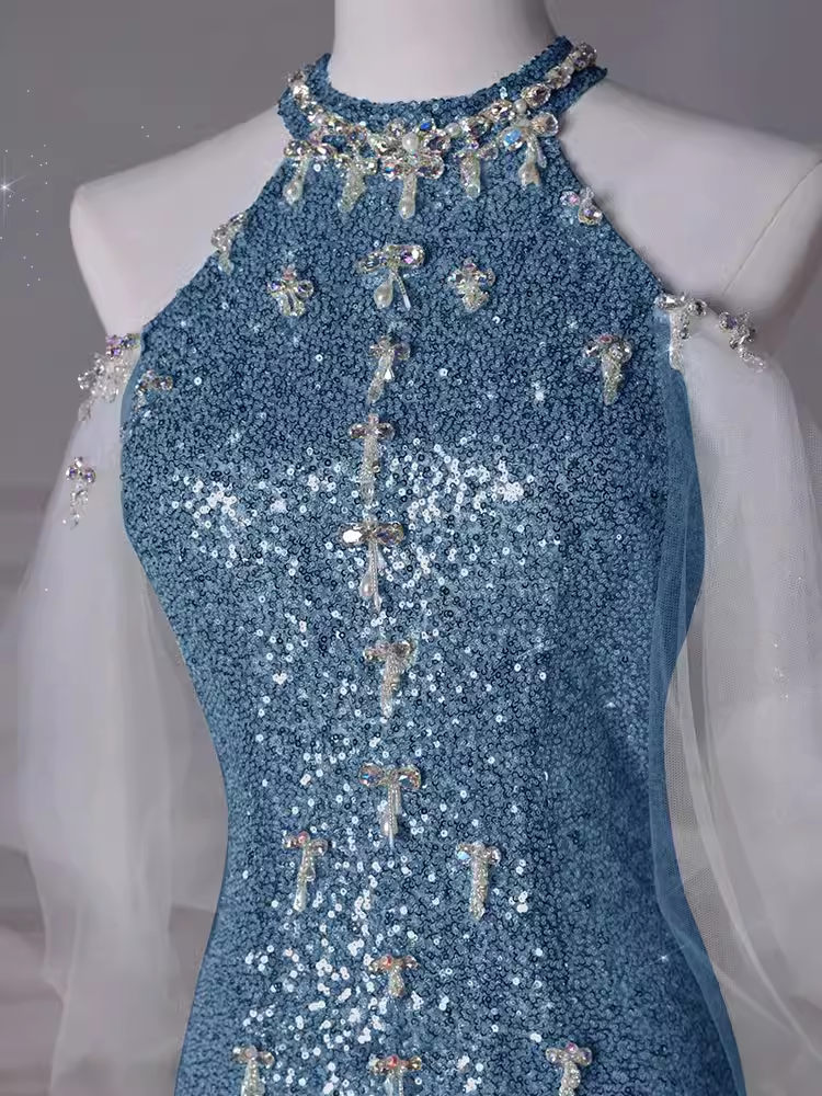 Robes de bal bleues sexy sirène à paillettes C51