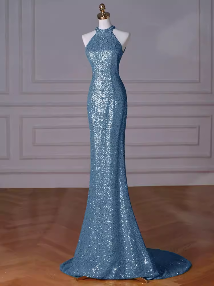 Robes de bal bleues sexy sirène à paillettes C51