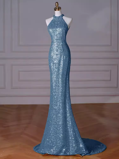 Robes de bal bleues sexy sirène à paillettes C51