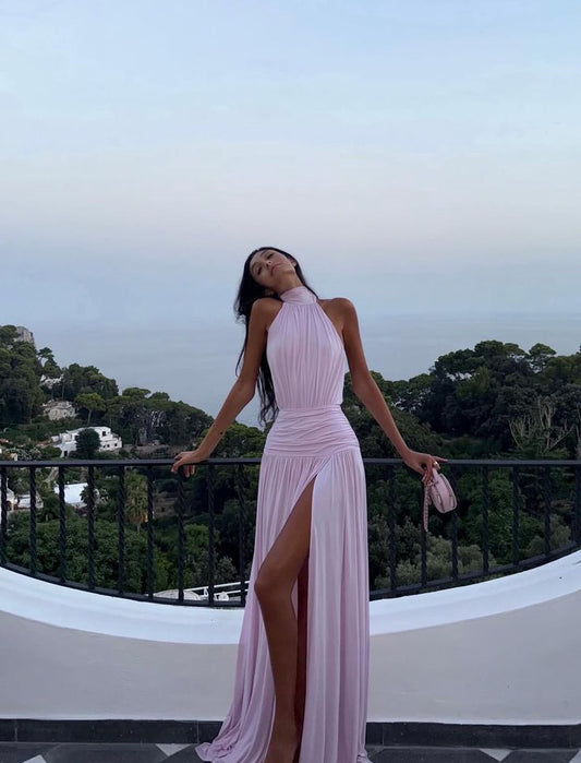 Robe de bal longue fendue en mousseline de soie rose, coupe trapèze, décolleté en V, C5204