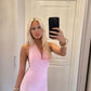 Robe de bal longue en satin rose, dos nu, style sirène, sexy, décolleté en V, C5205
