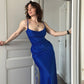 Robe de bal longue en satin bleu royal, style sirène, moulante et modeste, à bretelles spaghetti, C5206