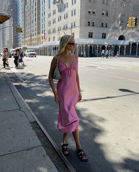 Robe de bal longue en satin, simple et élégante, coupe trapèze, bretelles spaghetti, C5207