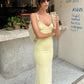 Robe de bal longue en satin jaune pastel à bretelles spaghetti et à coupe sirène C5210