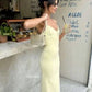 Robe de bal longue en satin jaune pastel à bretelles spaghetti et à coupe sirène C5210