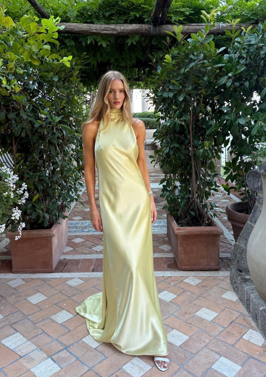 Robe de bal longue en satin jaune pastel, style sirène, dos nu, unique, C5212