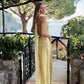 Robe de bal longue en satin jaune pastel, style sirène, dos nu, unique, C5212