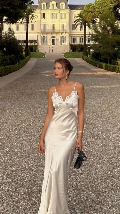 Robe de bal longue en satin et dentelle, élégante, style sirène, bretelles spaghetti, C5213