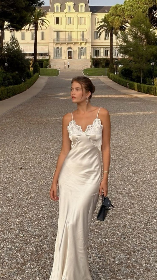 Robe de bal longue en satin et dentelle, élégante, style sirène, bretelles spaghetti, C5213