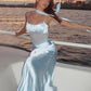 Robe de bal longue sirène en satin à bretelles spaghetti et tulle transparent C5214