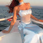 Robe de bal longue sirène en satin à bretelles spaghetti et tulle transparent C5214