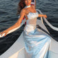 Robe de bal longue sirène en satin à bretelles spaghetti et tulle transparent C5214