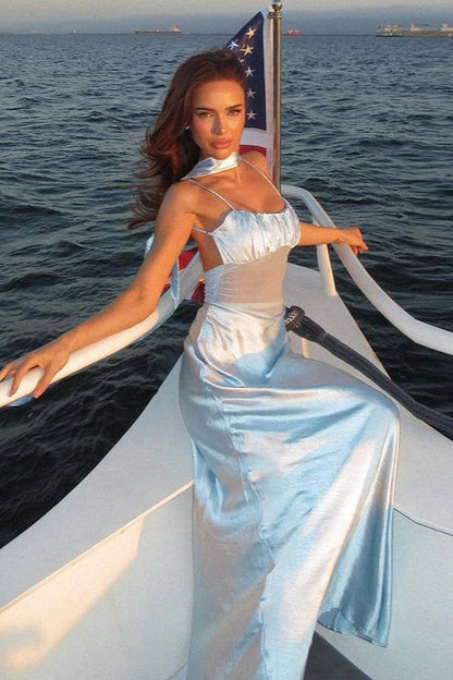 Robe de bal longue sirène en satin à bretelles spaghetti et tulle transparent C5214