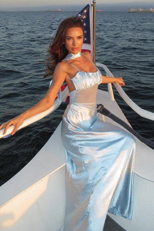 Robe de bal longue sirène en satin à bretelles spaghetti et tulle transparent C5214