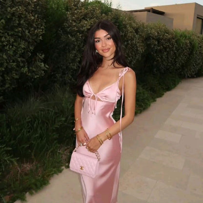 Robe de bal longue en satin rose à bretelles spaghetti et sirène sexy C5219
