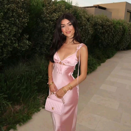 Robe de bal longue en satin rose à bretelles spaghetti et sirène sexy C5219