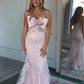Robe de bal longue en satin rose, style sirène, sans bretelles, en tulle et dentelle, scintillante, C5220