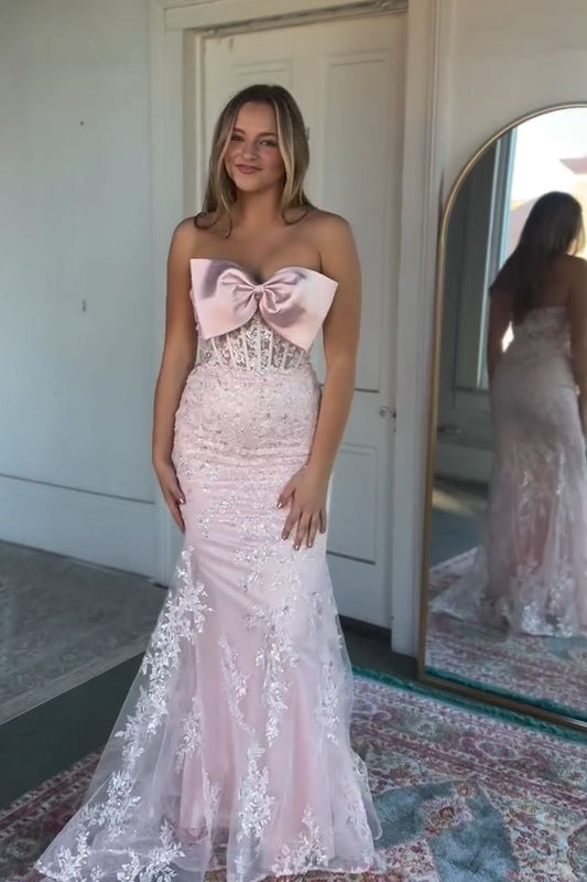 Robe de bal longue en satin rose, style sirène, sans bretelles, en tulle et dentelle, scintillante, C5220