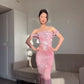 Robe de bal longue en satin rose à paillettes et épaules dénudées, style sirène, brillante, C5221