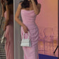 Robe de bal longue en satin rose, élégante et simple, style sirène, sans bretelles, C5222