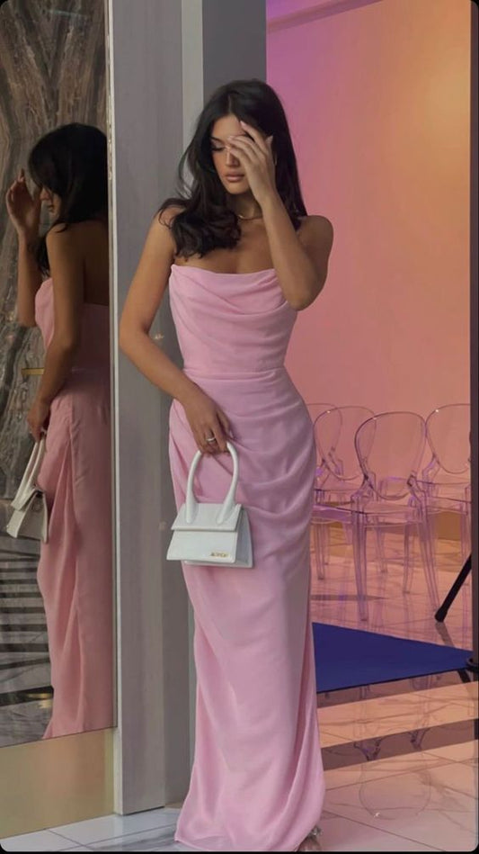 Robe de bal longue en satin rose, élégante et simple, style sirène, sans bretelles, C5222