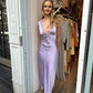 Robe de bal longue en satin et dentelle, style sirène lilas, col en V, C5223