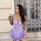 Cute Lilac A Line Spaghetti Straps Satin Ruffles Hem Mini Short Homecoming Dress 19th Birthday Outfits C5224