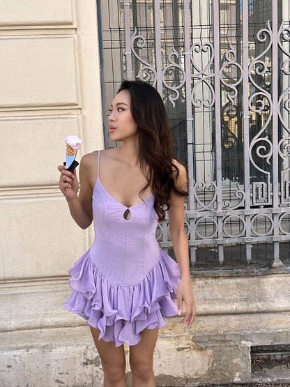 Cute Lilac A Line Spaghetti Straps Satin Ruffles Hem Mini Short Homecoming Dress 19th Birthday Outfits C5224