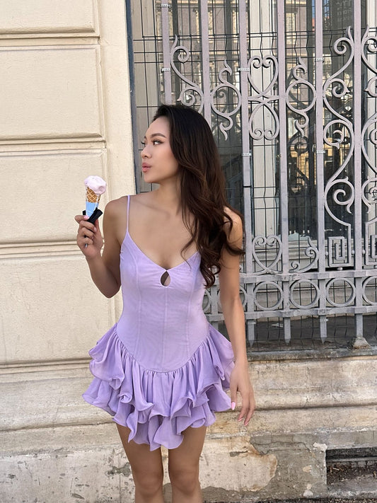 Cute Lilac A Line Spaghetti Straps Satin Ruffles Hem Mini Short Homecoming Dress 19th Birthday Outfits C5224