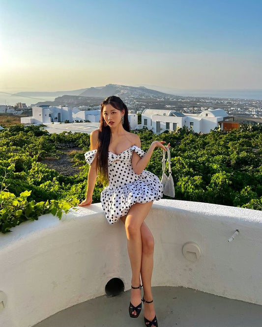 Unique A Line Off The Shoulder Satin Polka Dots Mini Short Homecoming Dress 18th Birthday Outfits C5239