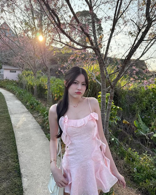 Sweet Pink A Line Spaghetti Straps Lace Chiffon Ruffles Mini Short Homecoming Dress 19th Birthday Outfits C5244