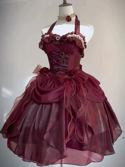 Retro Ball Gown Halter Burgundy Chiffon With Bow Mini Short Homecoming Dress 19th Birthday Outfits C5247