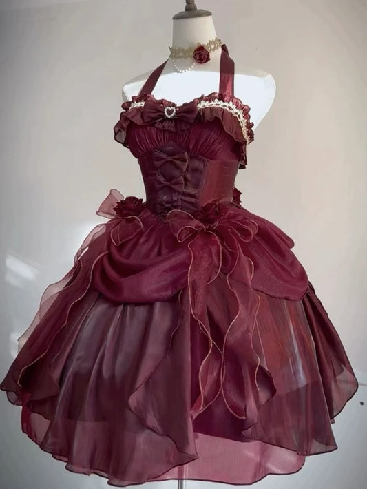 Retro Ball Gown Halter Burgundy Chiffon With Bow Mini Short Homecoming Dress 19th Birthday Outfits C5247